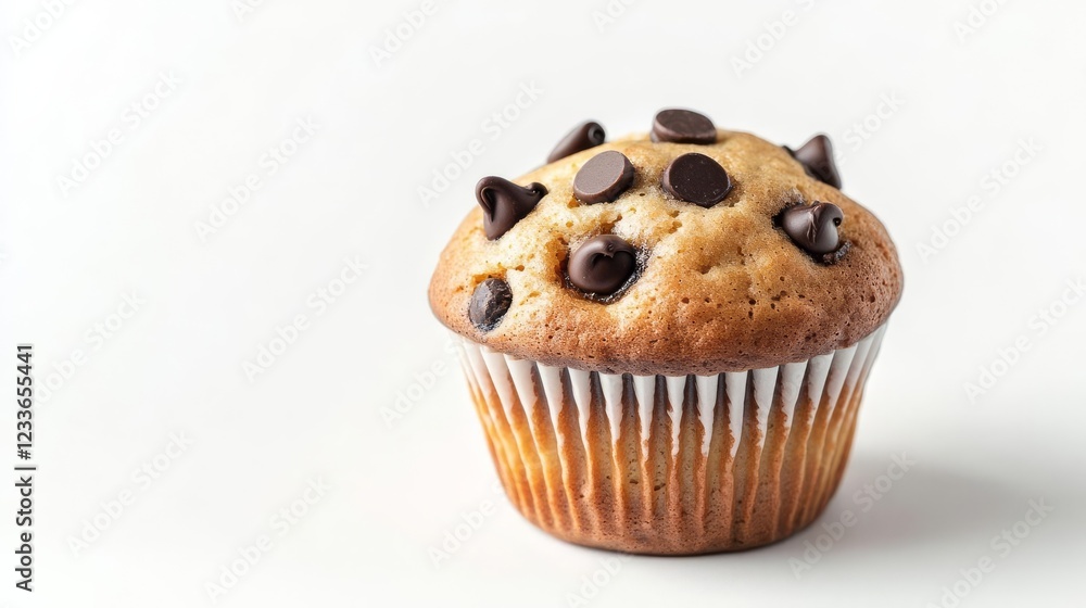 A chocolate chip muffin glowing softly under warm light, cozy and inviting theme, isolated on white background A chocolate chip muffin glowing softly under warm light, cozy and inviting theme, isolated on white background
