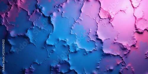 A vivid close-up reveals a captivating blend of blue and pink textures. Its rugged, uneven surface features intriguing layers where paint delicately peels away, hinting at depth and mystery beneath it photo