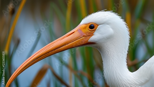 Closeup of elegant white bird with striking orange beak amidst lush green grass, representing wildlife's beauty in a serene aquatic environment