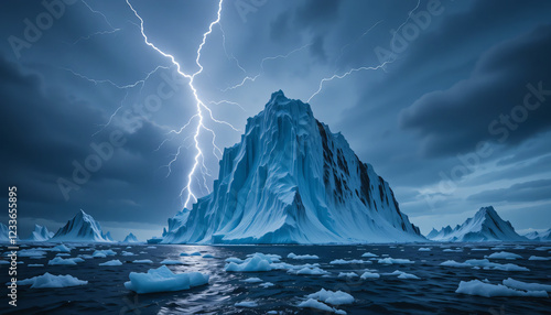 Massive Iceberg with Lightning Strike in Stormy Arctic Ocean, Dramatic Frozen Landscape Under Dark Clouds Creating an Intense and Powerful Scene  
 photo