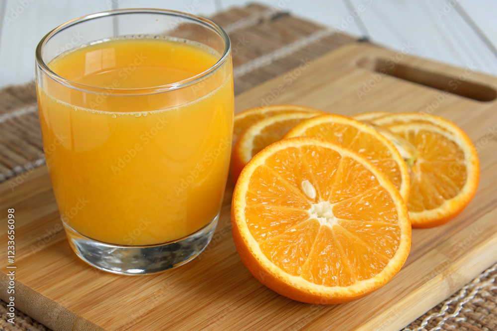 A glass of fresh orange juice with a sliced orange beside it A glass of fresh orange juice with a sliced orange beside it