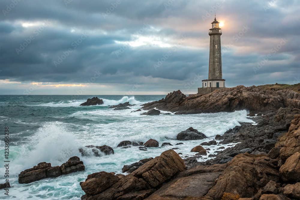 Lighthouse standing tall on a rocky shore Lighthouse standing tall on a rocky shore