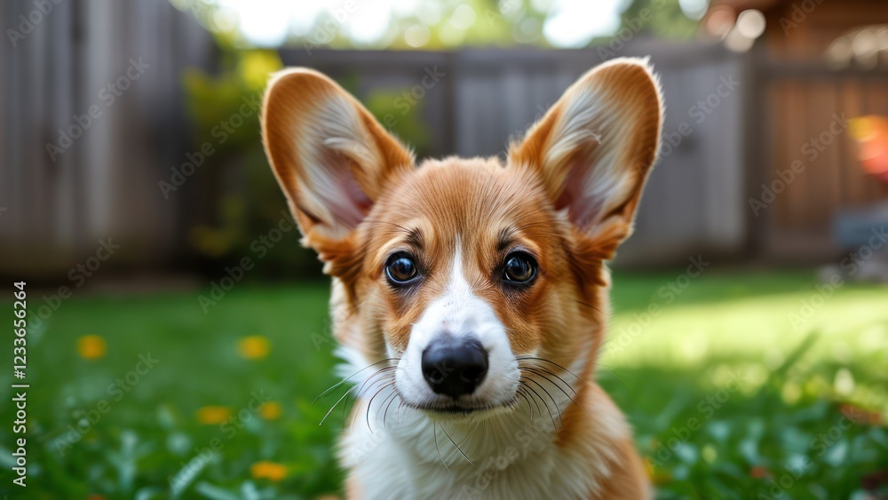 Close up of a friendly corgi dog in a lush green yard, showcasing playful personality and inviting charm Close up of a friendly corgi dog in a lush green yard, showcasing playful personality and inviting charm