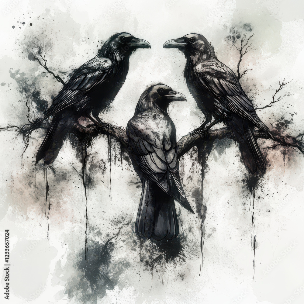 Fototapeta premium Three ravens perched on branches, surrounded by artistic, abstract background. dark birds contrast with soft, muted colors, creating mysterious and captivating atmosphere