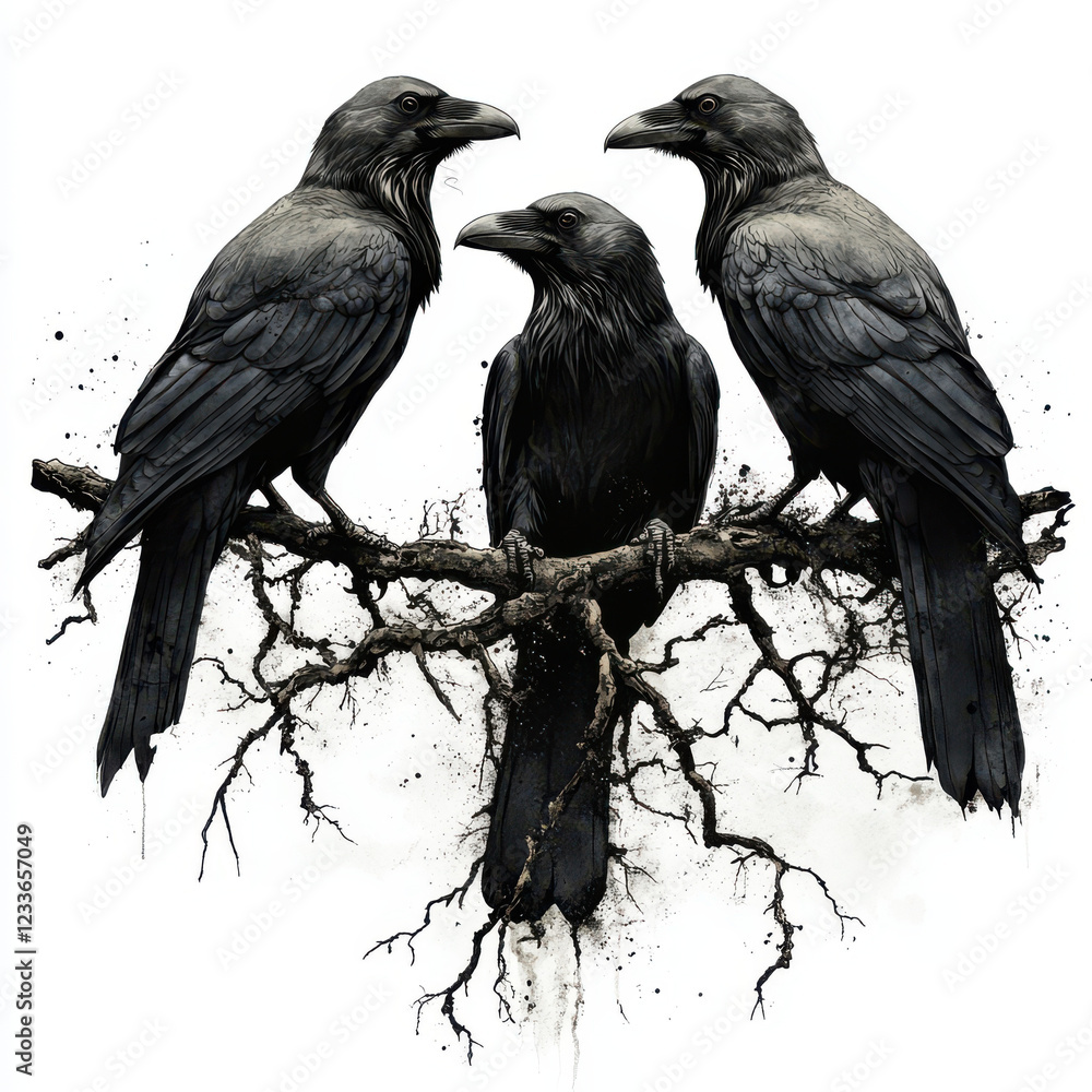 Fototapeta premium Three black ravens perched on twisted branch, showcasing intricate details and dark, moody atmosphere. artwork captures essence of nature and mystery