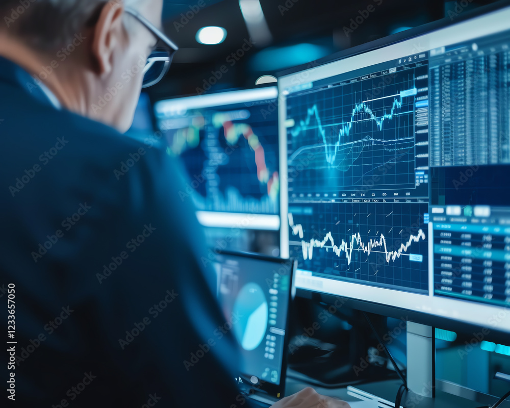 Professional Businessman Analyzing Financial Data on Multiple Computer Monitors in Modern Office Professional Businessman Analyzing Financial Data on Multiple Computer Monitors in Modern Office