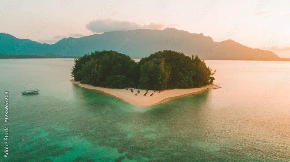 Obraz premium Heart Shaped Island Paradise Tropical Beach Ocean Sunset Aerial View