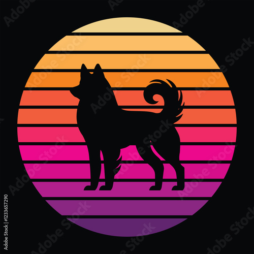 Vintage Norwegian Elkhound Dog with Retro Sunset Vector


