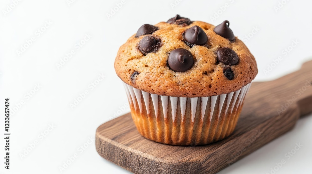 A chocolate chip muffin on a rustic wooden board, earthy and warm tones, isolated on white background A chocolate chip muffin on a rustic wooden board, earthy and warm tones, isolated on white background