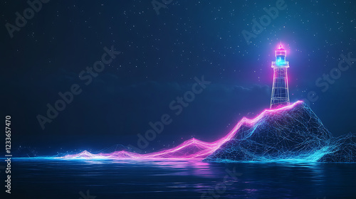 Luminous Pink and Blue Lighthouse on a Pixelated Island at Night