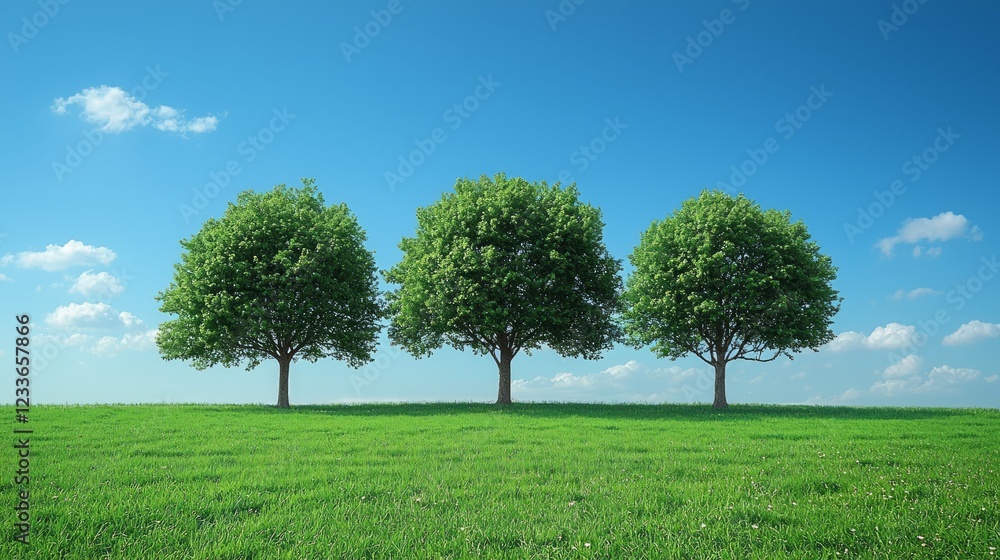 Fototapeta premium Three trees on green field, sunny day, blue sky, nature serenity, landscape wallpaper