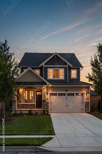 Luxury Two-Story Home Exterior at Dusk: Modern Architectural Design, Elegant Residential Property