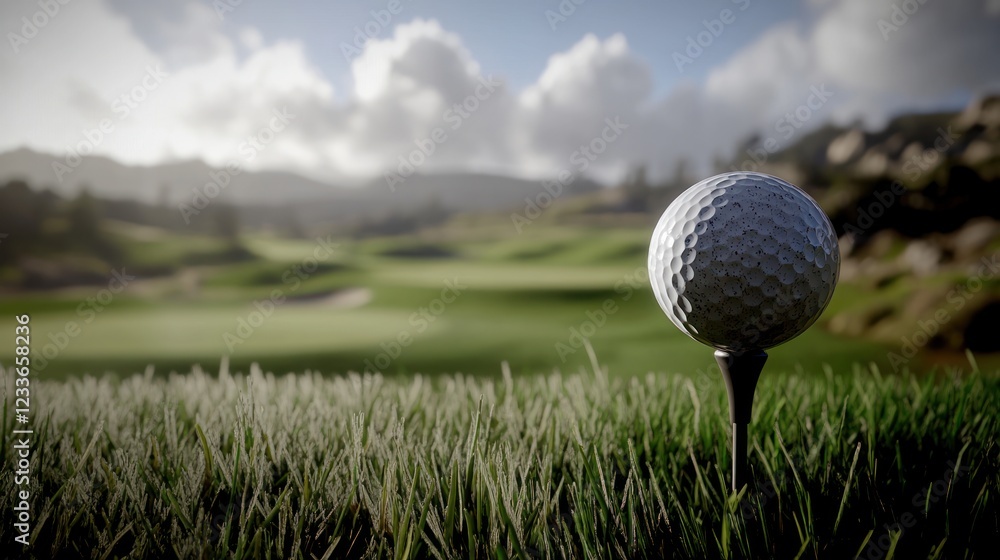 Golf ball on tee, green course background. Golf ball on tee, green course background.