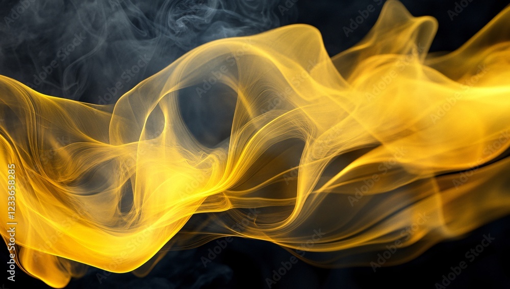 Fototapeta premium Abstract black smoke waves on vibrant yellow background, modern minimalist artistic design, vibrant contrast, high quality
