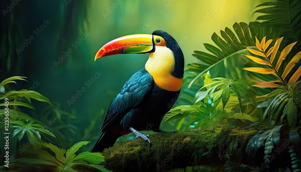 Naklejka premium Vibrant Toucan Amongst Lush Tropical Flora and Fauna An Exotic Bird Encounter Amidst a Breathtaking Rainforest Backdrop