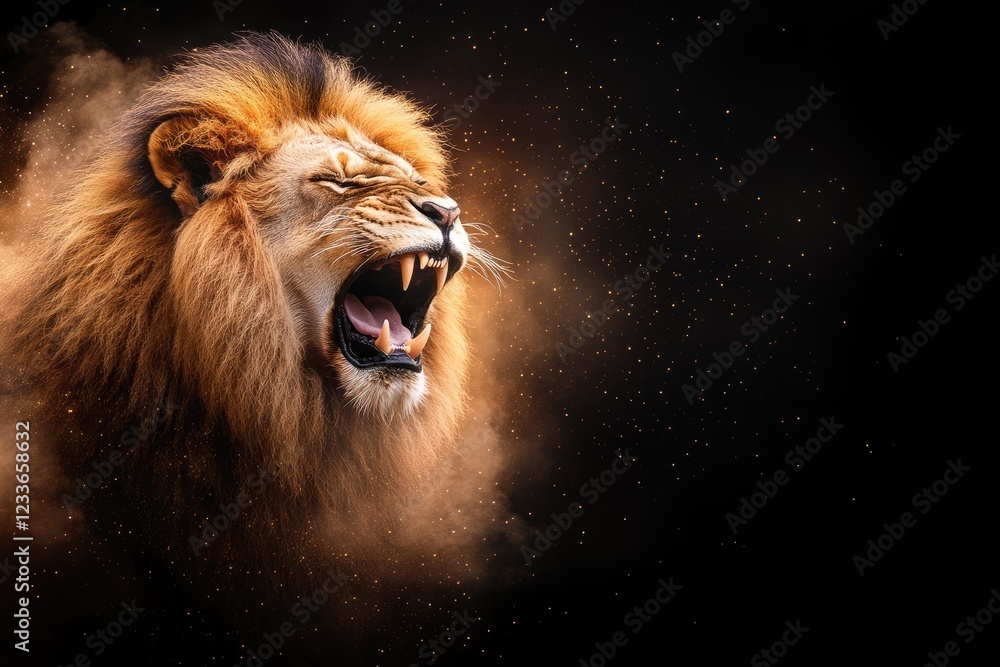 Fototapeta premium Lion Roaring Against Dark Backdrop with Professional Color Grading