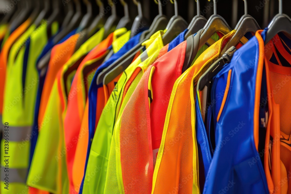 A set of safety vests in various colors (yellow, orange, and blue), arranged neatly on a rack. A set of safety vests in various colors (yellow, orange, and blue), arranged neatly on a rack.
