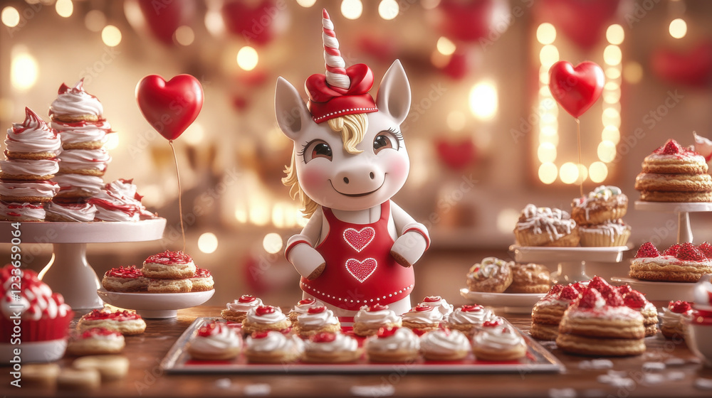 Fototapeta premium Cute unicorn character in bakery setting with heart themed desserts