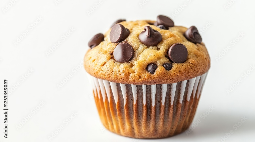 A chocolate chip muffin softly glowing under warm golden light, inviting and cozy, isolated on white background A chocolate chip muffin softly glowing under warm golden light, inviting and cozy, isolated on white background