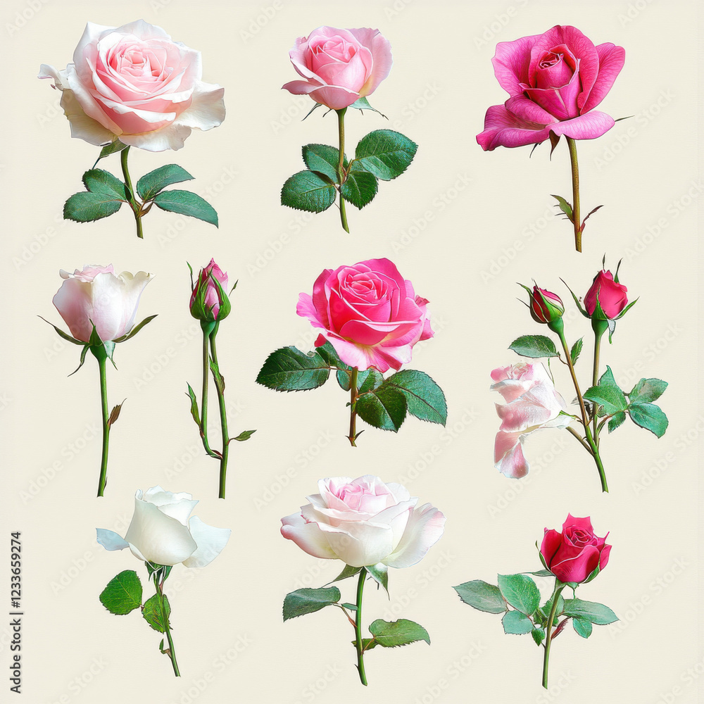 Beautiful collection of roses in various colors and stages of bloom, showcasing their delicate petals and lush green leaves. Perfect for floral arrangements or decoration Beautiful collection of roses in various colors and stages of bloom, showcasing their delicate petals and lush green leaves. Perfect for floral arrangements or decoration