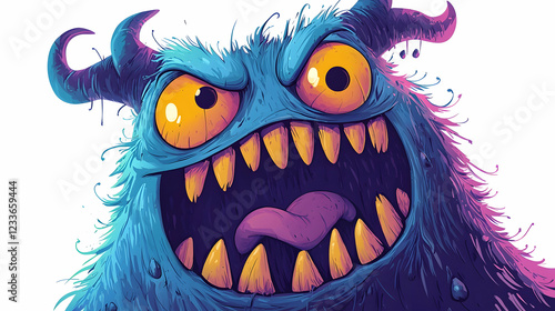 Illustration of a Blue Furry Monster with Horns, Sharp Teeth, and Glowing Eyes photo