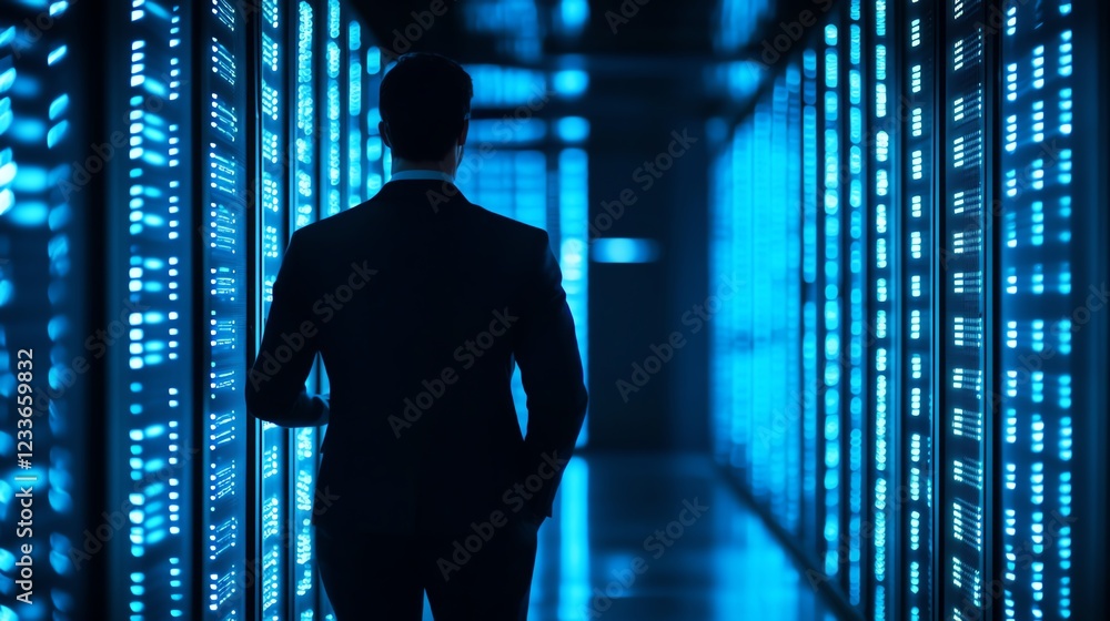 Businessman side view using a computer ensuring compliance with data protection regulations for business operations Businessman side view using a computer ensuring compliance with data protection regulations for business operations
