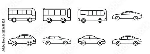 Bus and car icon set line art vector illustration. Vehicle line icons