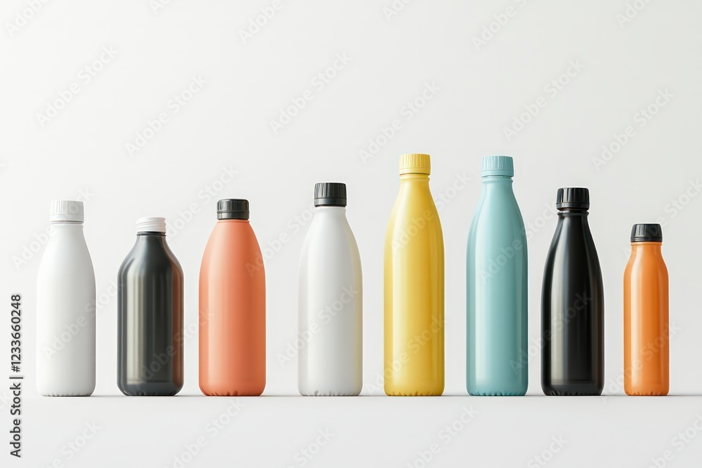 A set of water bottles in different sizes and colors, displayed in a row with editable designs. A set of water bottles in different sizes and colors, displayed in a row with editable designs.
