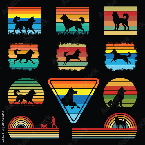 Set of Norwegian Elkhound Dog Silhouette With sunset retro illustration Vector, Dog vintage sunset retro background