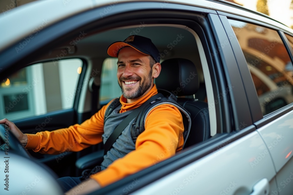 Cheerful Male Delivery Driver Smiling While Wearing an Orange Vest and Cap Inside a Vehicle at a City Location During Daylight Hours Cheerful Male Delivery Driver Smiling While Wearing an Orange Vest and Cap Inside a Vehicle at a City Location During Daylight Hours