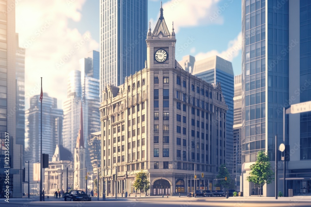 Cityscape Clock Tower Corner, Modern Skyline, Sunrise Cityscape Clock Tower Corner, Modern Skyline, Sunrise