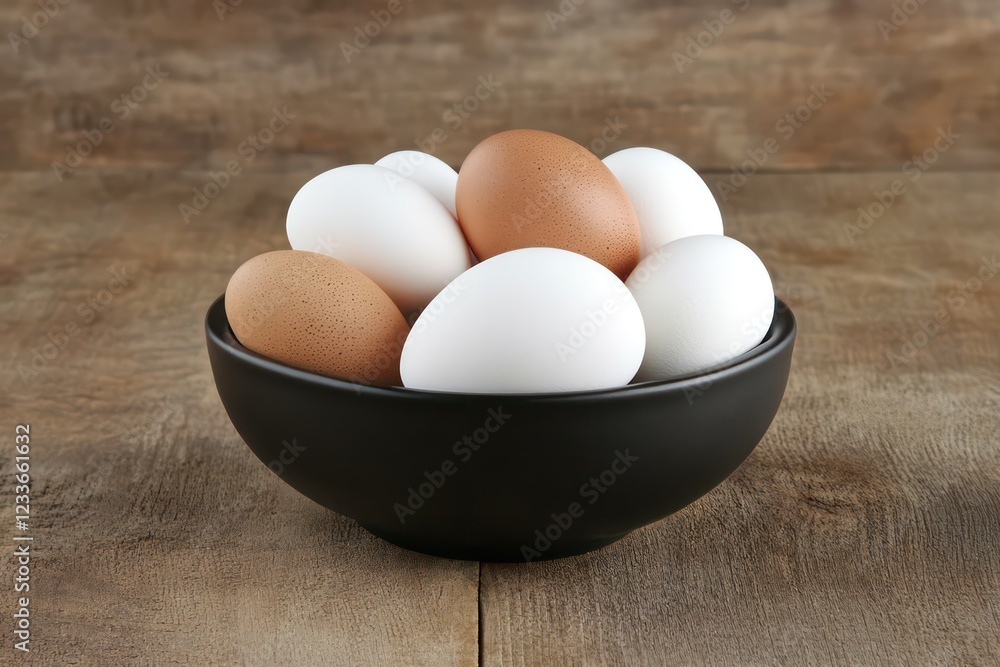 A set of white and brown eggs elegantly arranged in a matte black bowl on a rustic wooden table. A set of white and brown eggs elegantly arranged in a matte black bowl on a rustic wooden table.