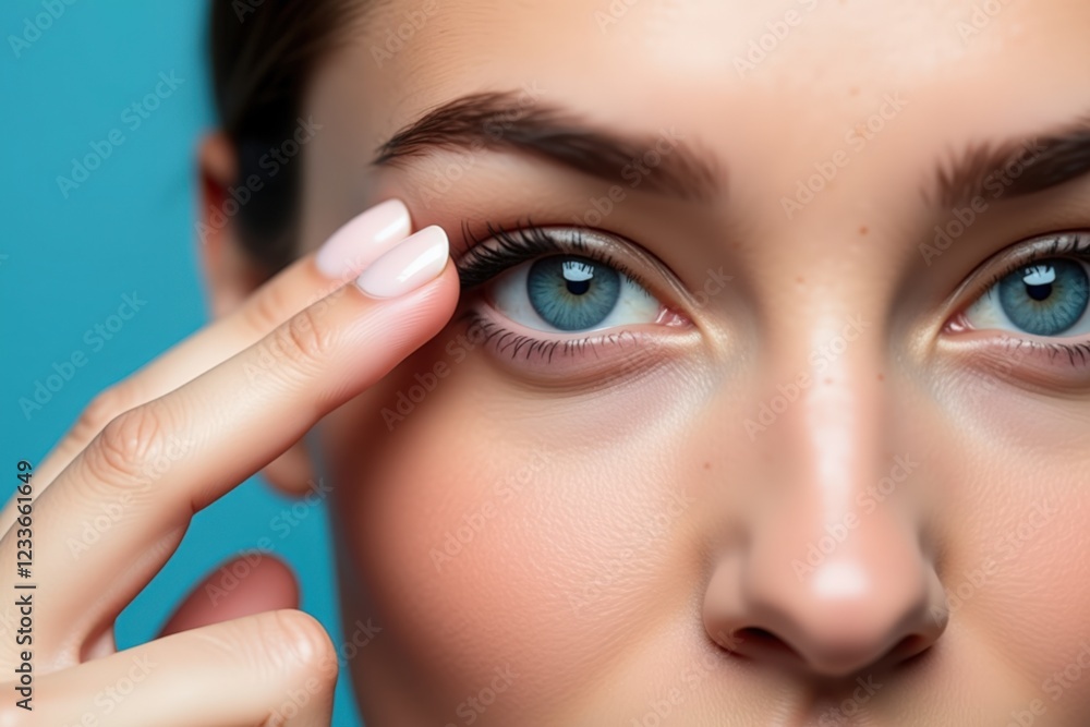 A Close-Up Portrait of a Young Woman Gently Touching Her Eye Area, Highlighting Beauty Features Against a Vibrant Blue Background A Close-Up Portrait of a Young Woman Gently Touching Her Eye Area, Highlighting Beauty Features Against a Vibrant Blue Background