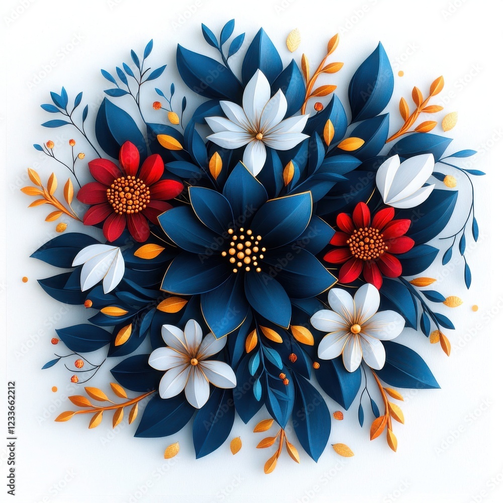 Fototapeta premium Colorful floral design with vibrant flowers and leaves, white isolate background.