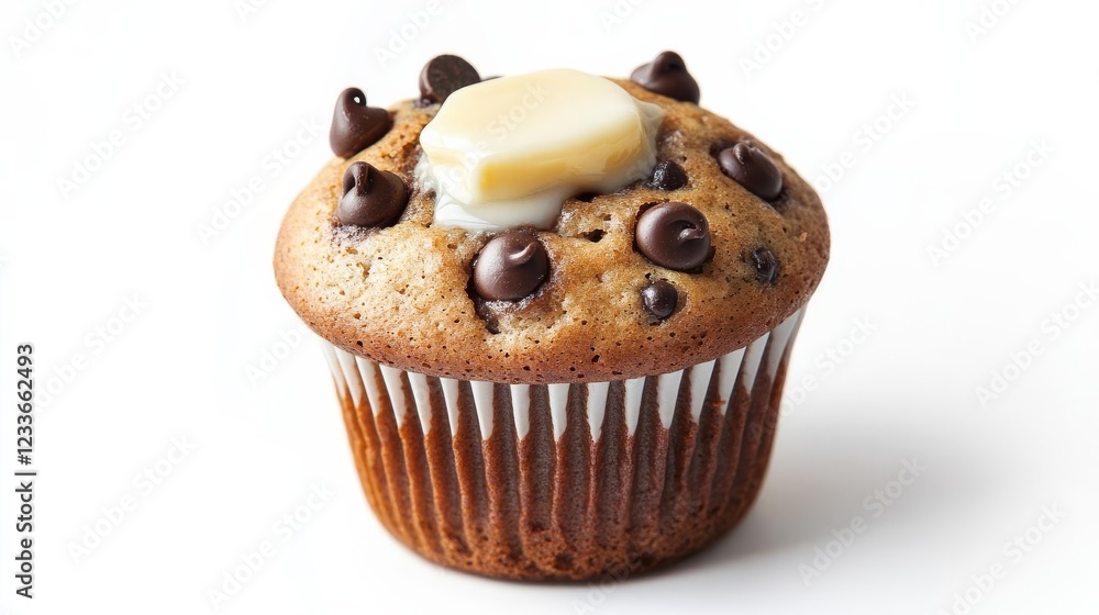 A chocolate chip muffin with steam and melted butter on top, appetizing realistic detail, isolated on white background