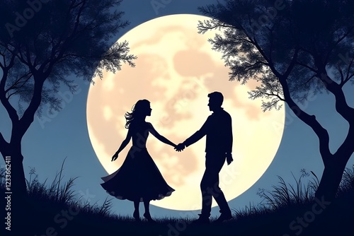 A silhouette of a couple dancing in the moonlight, romantic atmosphere,  isolated on white background