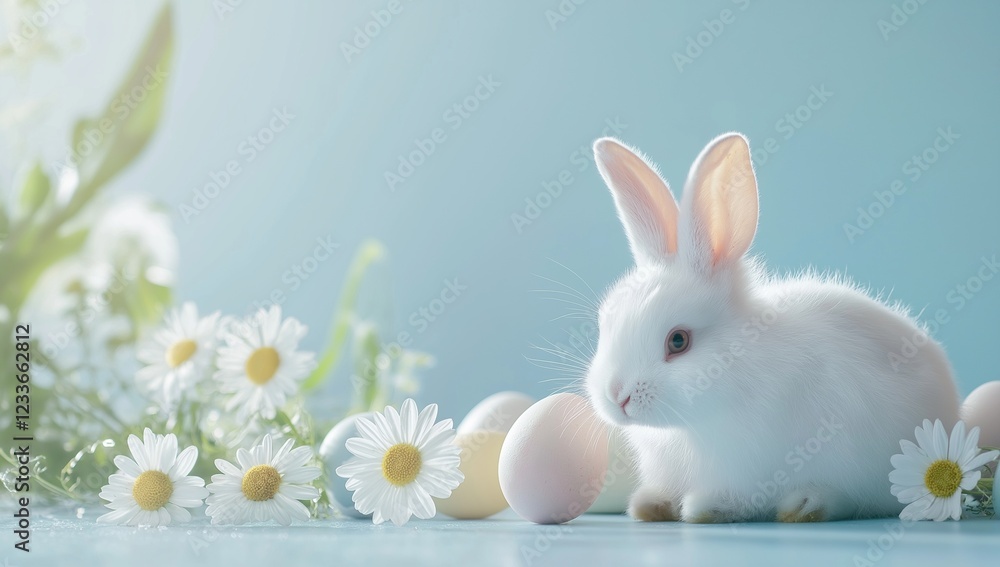 Adorable white fluffy bunny with daisies and pastel blue Easter eggs on a soft light background, perfect spring theme Adorable white fluffy bunny with daisies and pastel blue Easter eggs on a soft light background, perfect spring theme