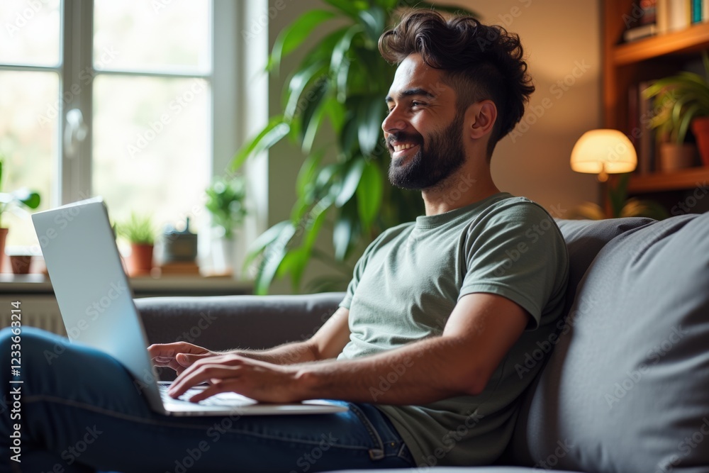 Engaged Young Man Working Remotely from Cozy Living Room with Laptop Surrounded by Plants, Warm Lighting, and Comfortable Decor