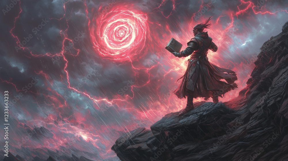 Fototapeta premium A lone warlock standing atop a blackened cliff