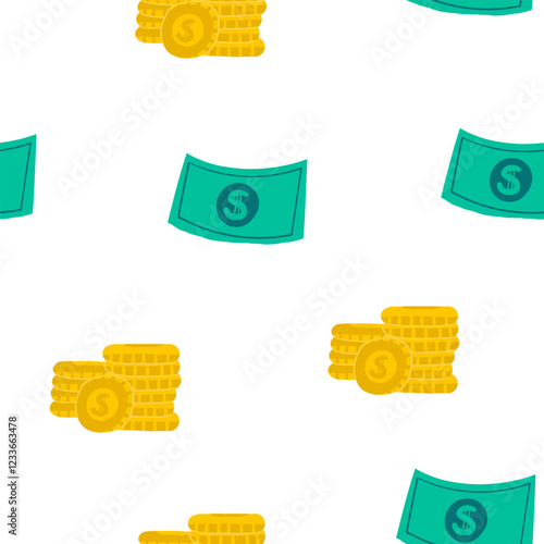 Money, finance seamless pattern. Cute hand drawn doodle market, earning, deposit, currency, payment repeatable background with pile, stack of American dollars, coins. Financial business illustration