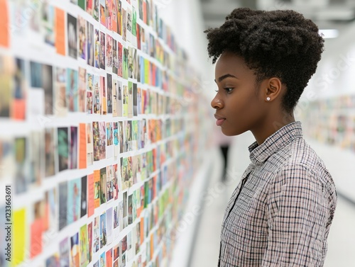 Woman Observing Colorful Photographs in Modern Art Gallery with Thoughtful Expression