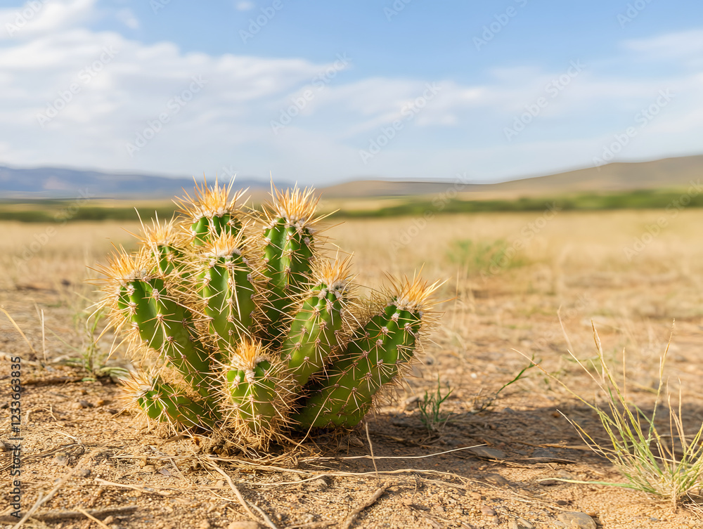 close up of cactus in sandy landscape, showcasing its unique spines and vibrant green color close up of cactus in sandy landscape, showcasing its unique spines and vibrant green color