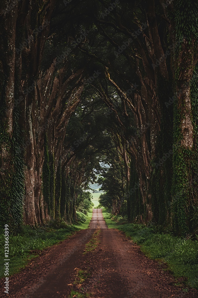 Obraz premium Serene outdoor running path surrounded by tall trees symbolizing the harmony of fitness and nature
