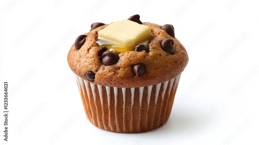 A chocolate chip muffin with butter melting on top under warm light, photorealistic detail, isolated on white background A chocolate chip muffin with butter melting on top under warm light, photorealistic detail, isolated on white background