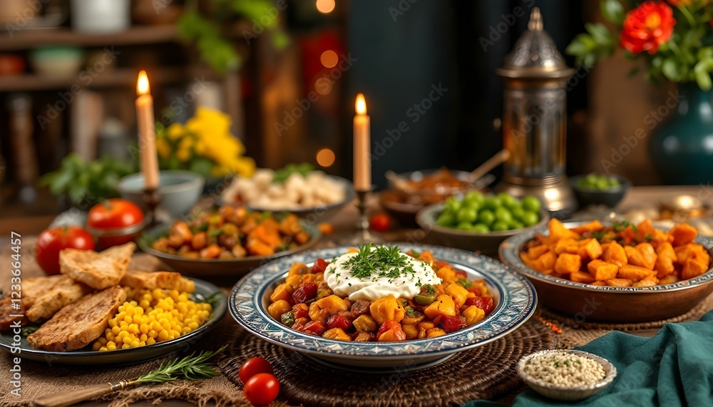 Fototapeta premium Delicious Middle Eastern Feast with Roasted Vegetables and Chickpeas