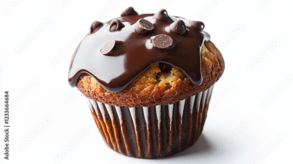 A chocolate chip muffin with melted chocolate chips on top, mouthwatering and realistic, isolated on white background A chocolate chip muffin with melted chocolate chips on top, mouthwatering and realistic, isolated on white background