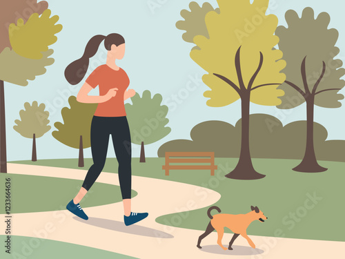 Young woman jogging in the park with dog