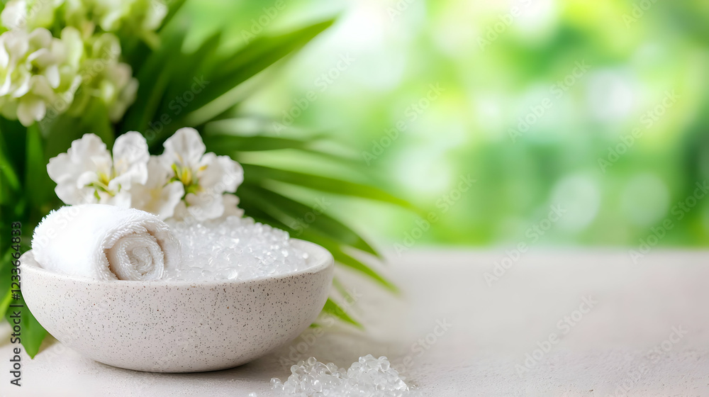 Spa treatment, relaxing scene, bath salts, flowers, wellness Spa treatment, relaxing scene, bath salts, flowers, wellness
