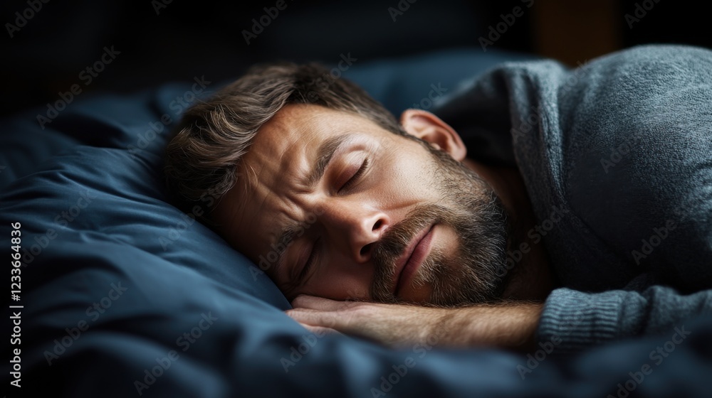 Peaceful Man in Gray Sweater Sleeping Comfortably on Soft Pillow in Dim Light of Cozy Bedroom Setting Peaceful Man in Gray Sweater Sleeping Comfortably on Soft Pillow in Dim Light of Cozy Bedroom Setting