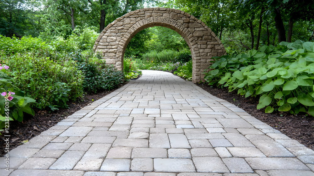 Fototapeta premium Stone arch garden path leading to tranquil woods
